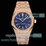 Swiss Replica OMF Frosted Gold Audemars Piguet Royal Oak Rose Gold Blue Face Watch 